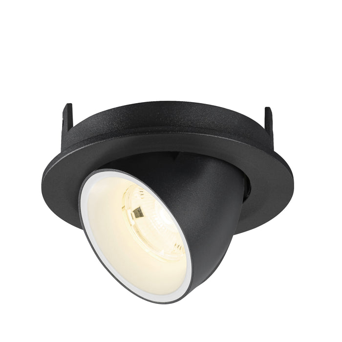 Recessed ceiling light, black finish, adjustable spotlight.