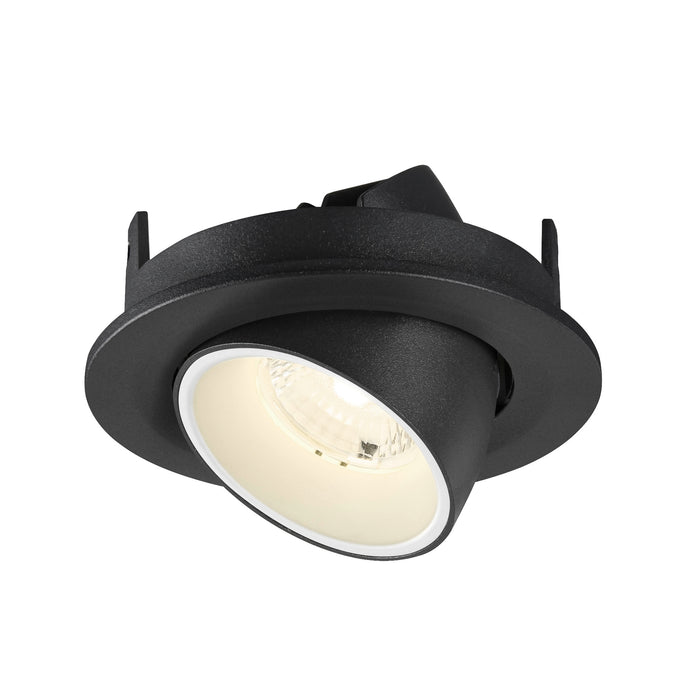 Black recessed ceiling light fixture, adjustable spotlight, textured finish.