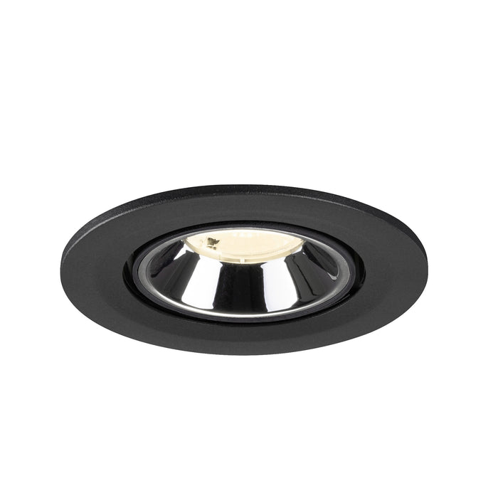 Recessed ceiling light fixture made of metal with a matte black finish and chrome reflector, designed for flush mounting.