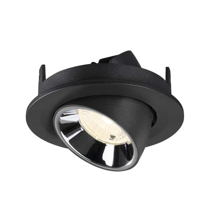 Black recessed spotlight with a chrome finish, designed for ceiling mounting, featuring a sleek, modern aesthetic.