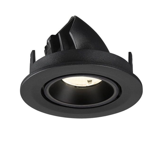 Black recessed ceiling light fixture, adjustable gimbal trim.
