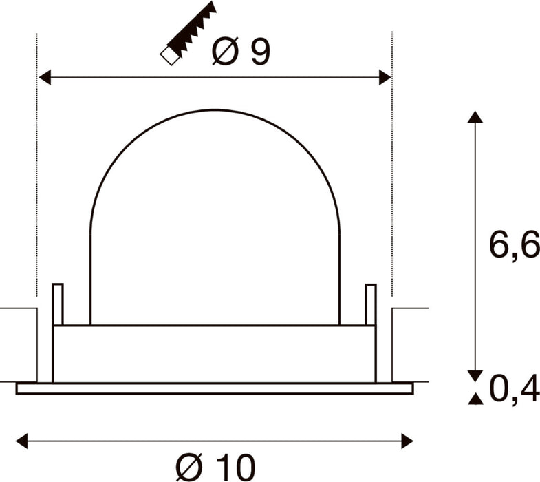 Technical drawing of a recessed light fixture with dimensions.