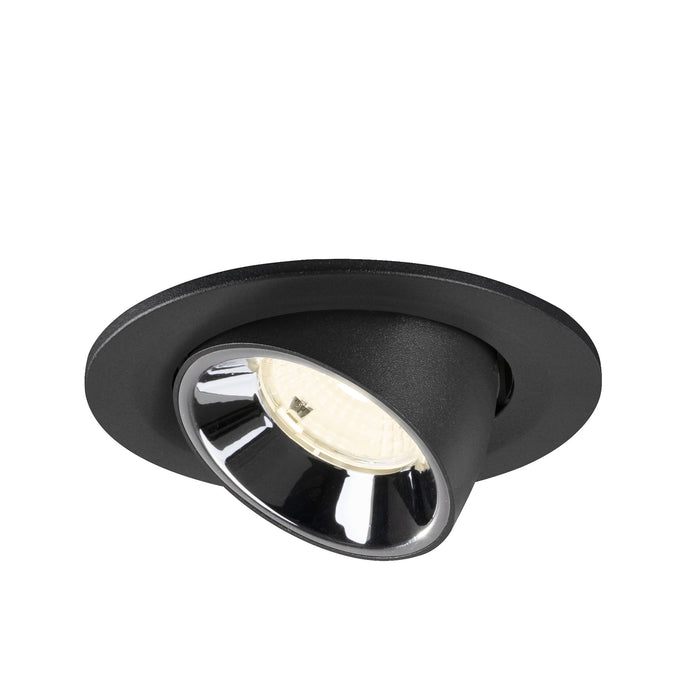 Recessed spotlight made of metal with a matte black finish and chrome reflector, designed for ceiling mounting.