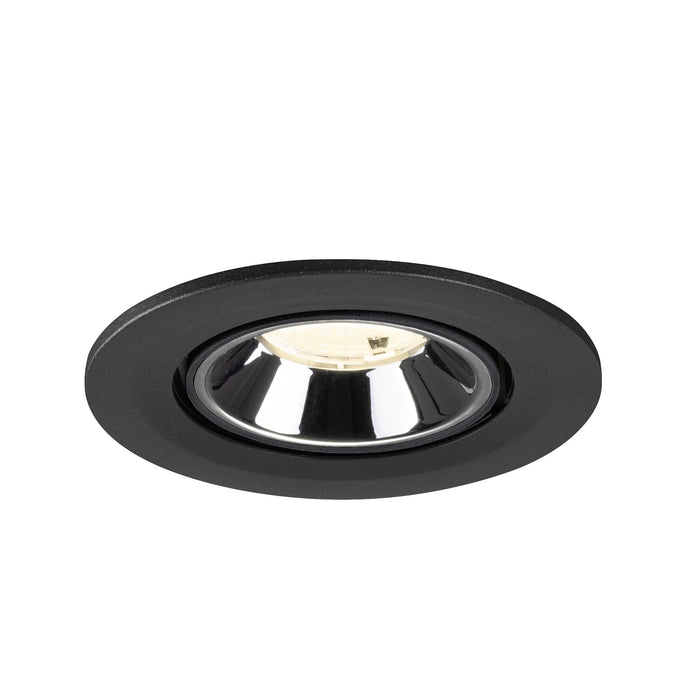Recessed downlight fixture in black metal with a chrome finish, designed for ceiling mounting, featuring a sleek, modern aesthetic.