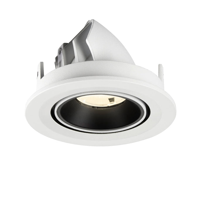 Recessed ceiling light fixture with a white metal finish and black interior, designed for adjustable mounting.