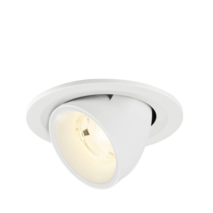White recessed ceiling light fixture, adjustable spotlight, matte finish.