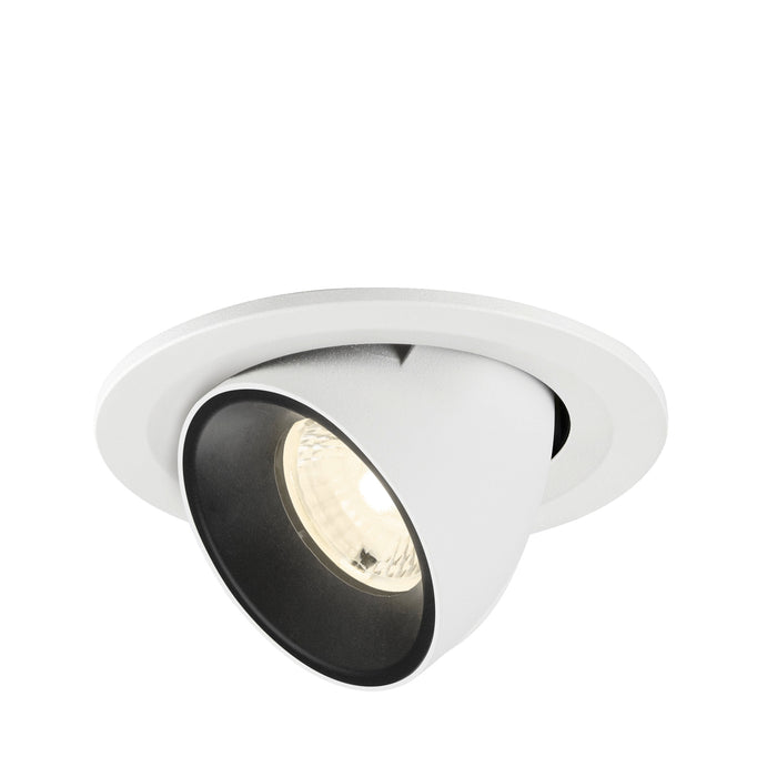 Recessed spotlight made of metal with a matte white finish and black interior, designed for ceiling mounting.