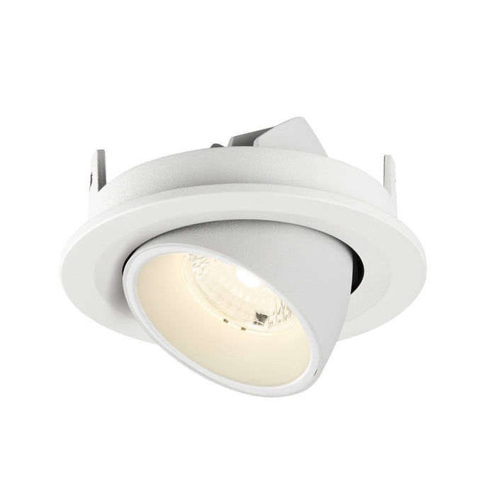 White recessed ceiling light fixture, adjustable spotlight, matte finish.