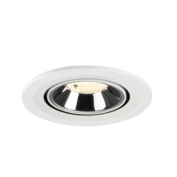 Recessed ceiling light fixture made of metal with a white finish and chrome reflector, designed for flush mounting.