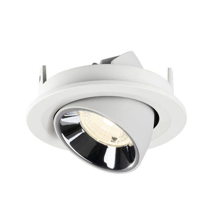 Recessed spotlight in white metal with a chrome finish, featuring a sleek design for ceiling mounting.