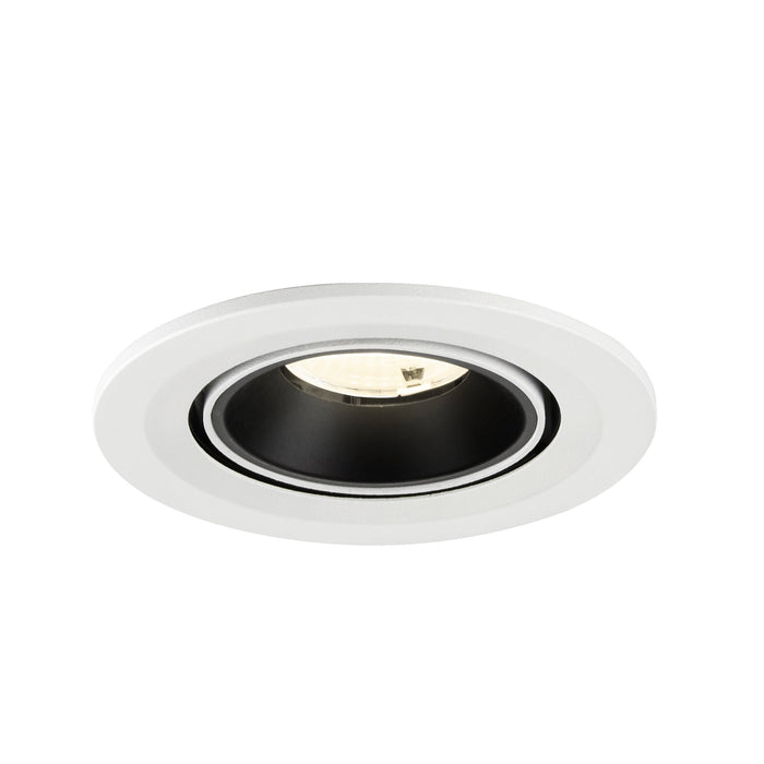 Recessed ceiling light fixture with a white metal finish and black interior, designed for easy mounting in various ceiling types.