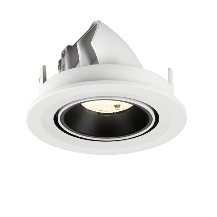 Recessed ceiling light fixture made of metal with a matte white finish and black interior, designed for easy mounting.