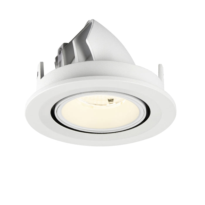 White recessed ceiling light fixture with adjustable head.