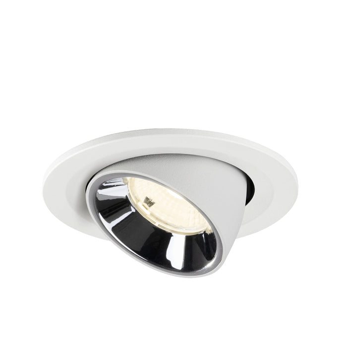 Recessed ceiling light fixture made of metal with a matte white finish and chrome reflector, designed for flush mounting.