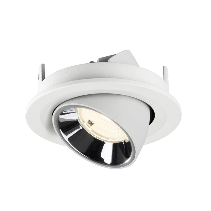 Recessed spotlight in white metal finish with a chrome reflector, designed for ceiling mounting.