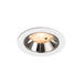 Recessed ceiling light fixture with a chrome finish, white metal trim, and warm LED bulb, designed for flush mounting.