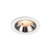 Recessed ceiling light fixture with a chrome finish, white metal trim, and a warm LED bulb for modern interior lighting.