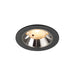 Recessed ceiling light fixture with a black finish, chrome reflector, and glass lens for modern interior lighting.