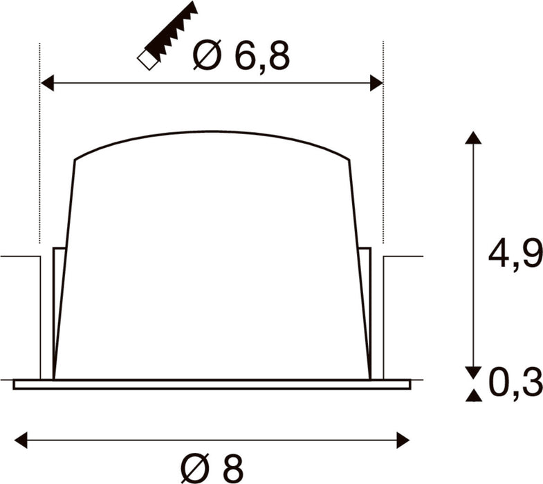 Technical drawing with dimensions of a recessed light fixture.