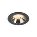 Recessed ceiling light fixture with a black finish, chrome reflector, and warm white bulb, designed for easy mounting in various settings.