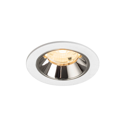 Recessed ceiling light fixture with a chrome finish, white metal trim, and a warm white bulb for modern interior lighting.