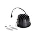 Black recessed LED downlight with mounting hardware.