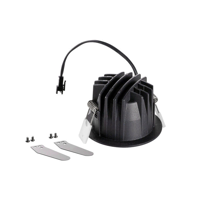 Black recessed LED downlight with mounting hardware.