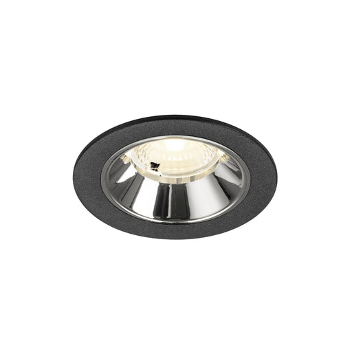 Recessed ceiling light fixture with a black finish, chrome reflector, and aluminum material for modern interior lighting.