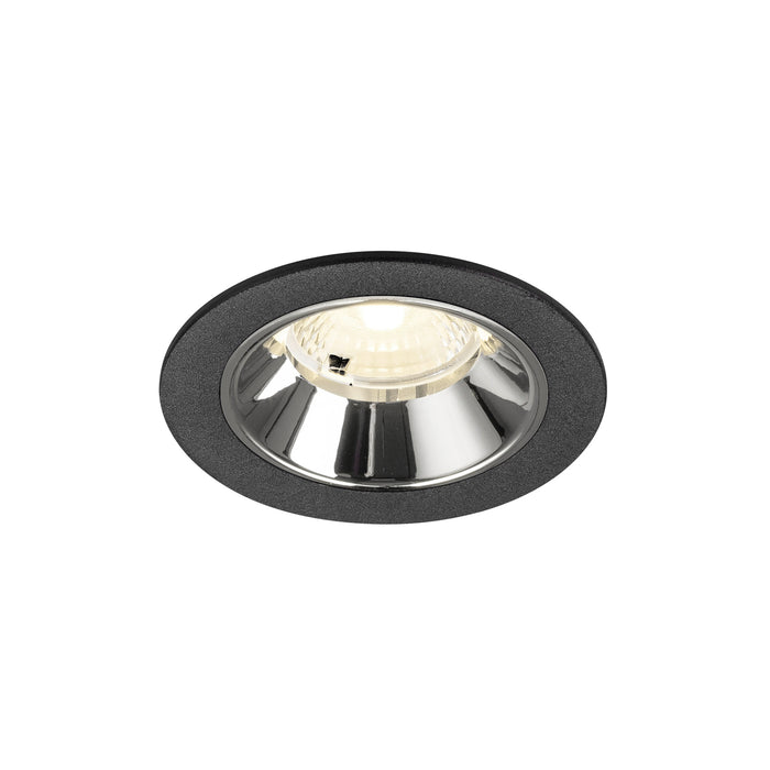Recessed ceiling light fixture with a black finish, chrome reflector, and aluminum material for modern interior lighting.