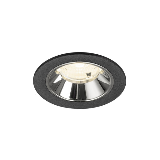 Recessed ceiling light fixture with a black textured finish and polished chrome reflector, designed for flush mounting.