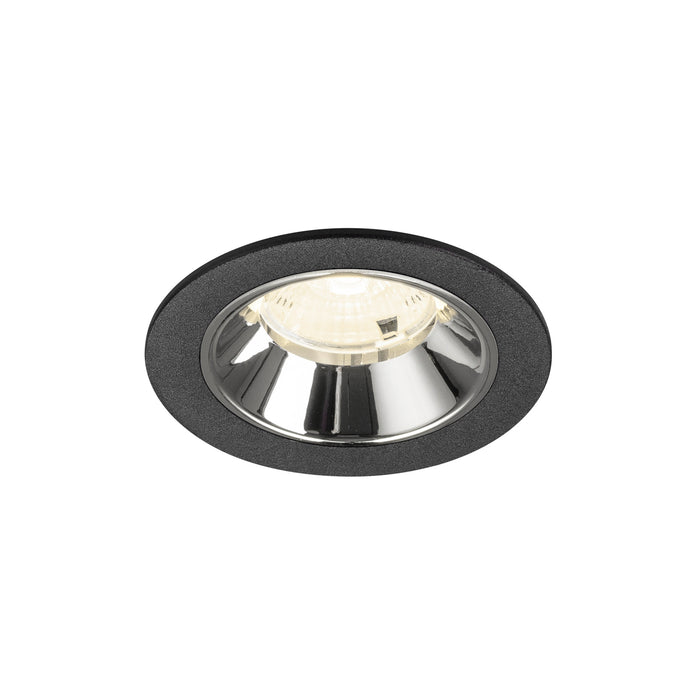 Recessed ceiling light fixture with a black textured finish and polished chrome reflector, designed for flush mounting.