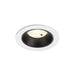 Recessed ceiling light fixture with a white metal finish and black interior, featuring a round design for easy mounting.