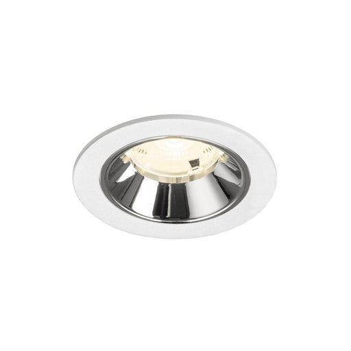 Recessed ceiling light fixture with a chrome finish, white metal trim, and a warm white LED bulb for modern interior lighting.