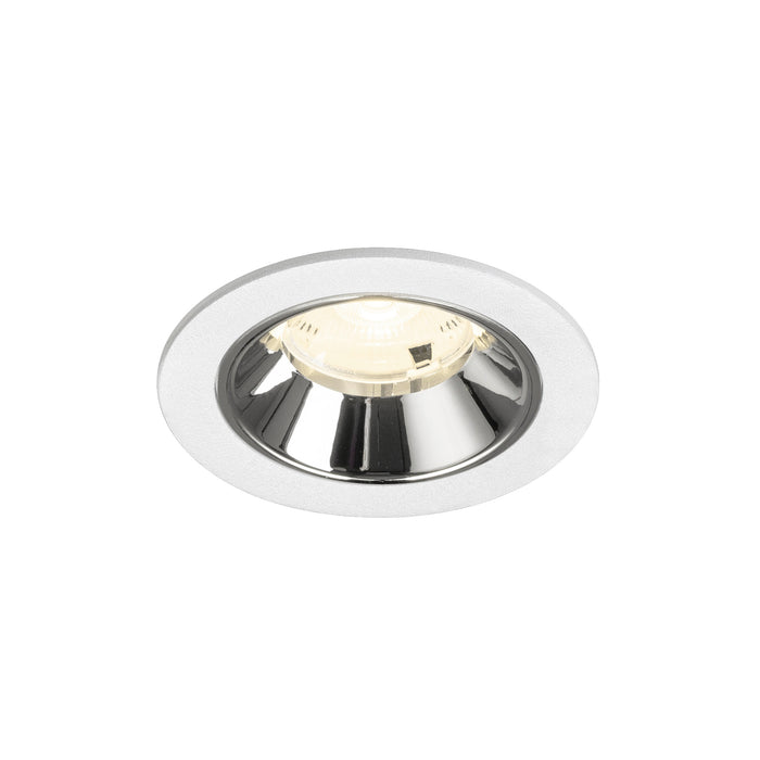 Recessed ceiling light fixture with a chrome finish, white metal trim, and a warm white LED bulb for modern interior lighting.