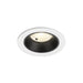 Recessed ceiling light fixture with a white metal finish, black interior, and clear glass lens for modern lighting solutions.