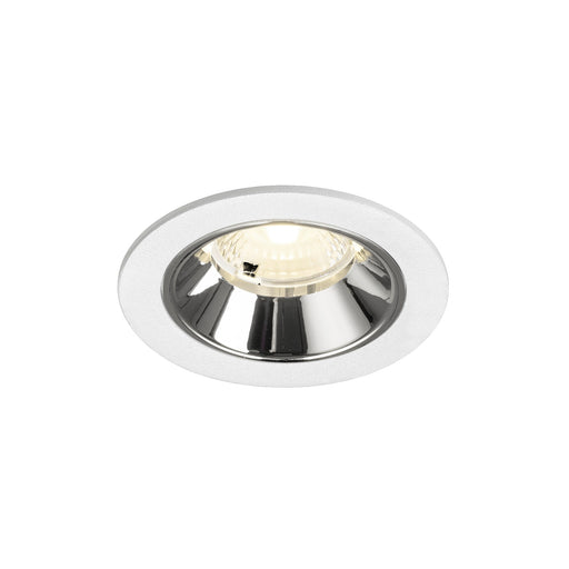 Recessed ceiling light fixture with a chrome finish, white metal trim, and a round design, suitable for flush mounting.
