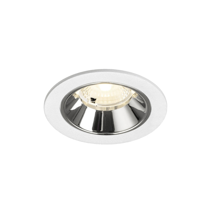 Recessed ceiling light fixture with a chrome finish, white metal trim, and a round design, suitable for flush mounting.
