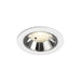 Recessed ceiling light fixture with a chrome finish, white metal trim, and a round design, suitable for flush mounting.