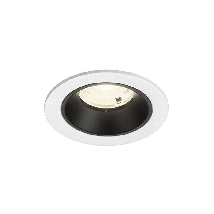 Recessed ceiling light fixture with a black interior, white trim, and glass lens, made of metal and designed for flush mounting.