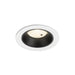 Recessed ceiling light fixture with a black interior, white trim, and glass lens, made of metal and designed for flush mounting.