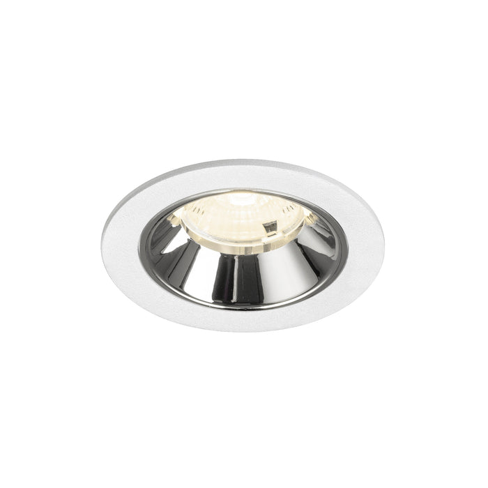 Recessed ceiling light fixture with a chrome finish, white metal trim, and a warm white LED bulb.