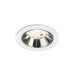 Recessed ceiling light fixture with a chrome finish, white metal trim, and a warm white LED bulb.