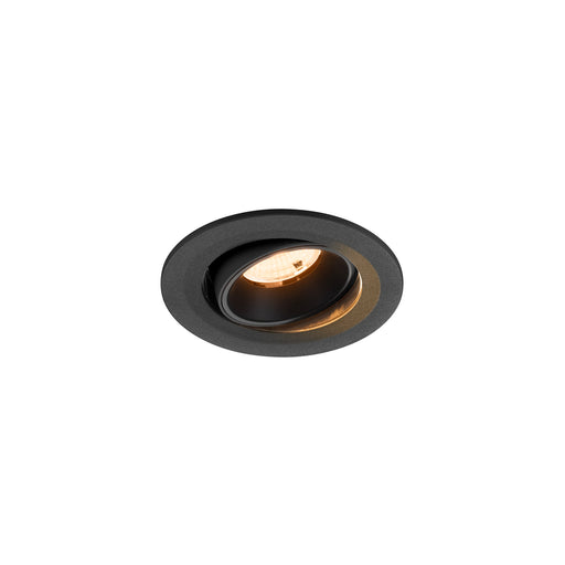 Black recessed ceiling light fixture, adjustable spotlight.