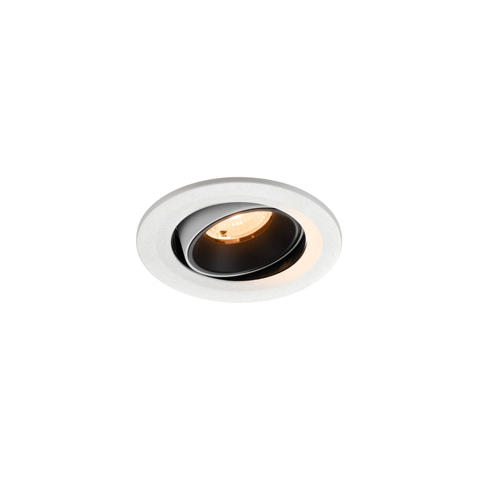 Recessed ceiling light fixture with a white finish, black interior, and aluminum material, designed for easy mounting.