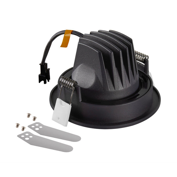 Black aluminum LED recessed light housing with heat sink, includes mounting clips and screws for installation.