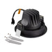 Black recessed LED downlight with mounting hardware.