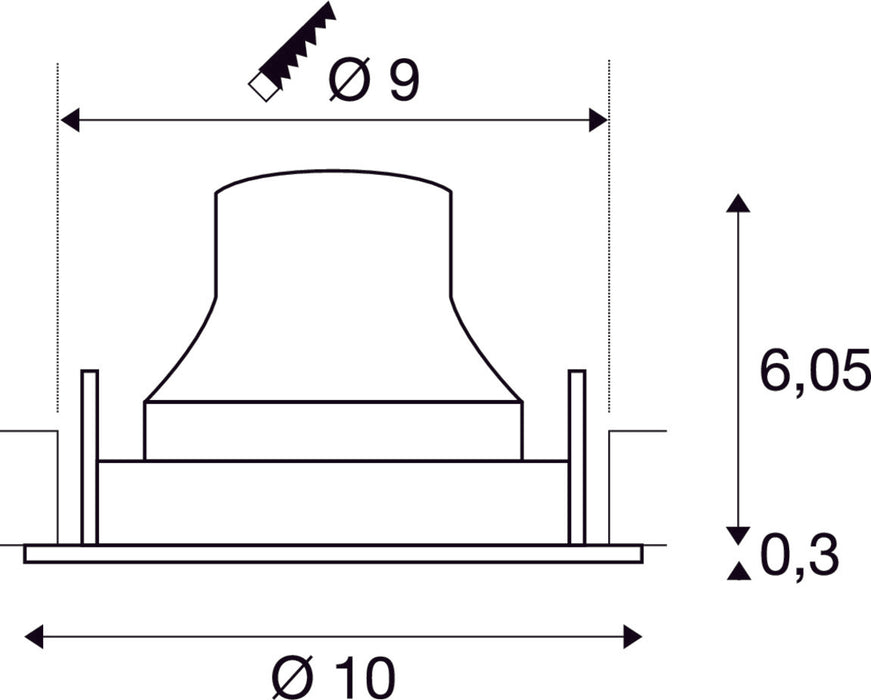 Plastic mounting bracket with a matte finish, featuring dimensions of Ø9, Ø10, height 6.05, and thickness 0.3, suitable for various installations.