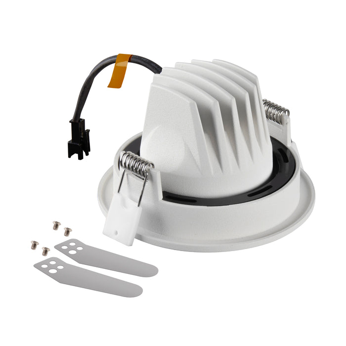 White plastic LED recessed light housing with heat sink, includes mounting clips and screws for installation.