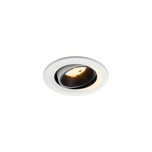 Recessed ceiling light fixture with a white finish, black interior, and aluminum material, designed for flush mounting.