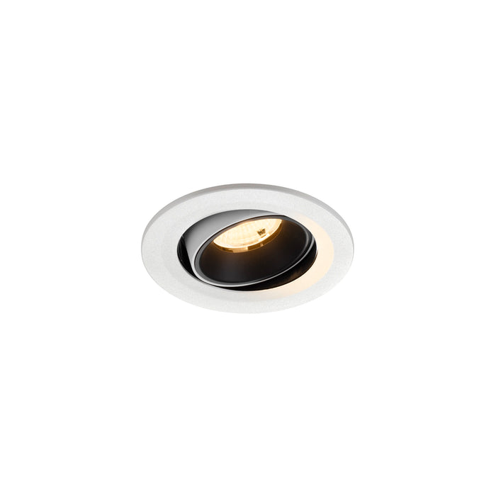 Recessed ceiling light fixture with a white finish, black interior, and aluminum material, designed for flush mounting.